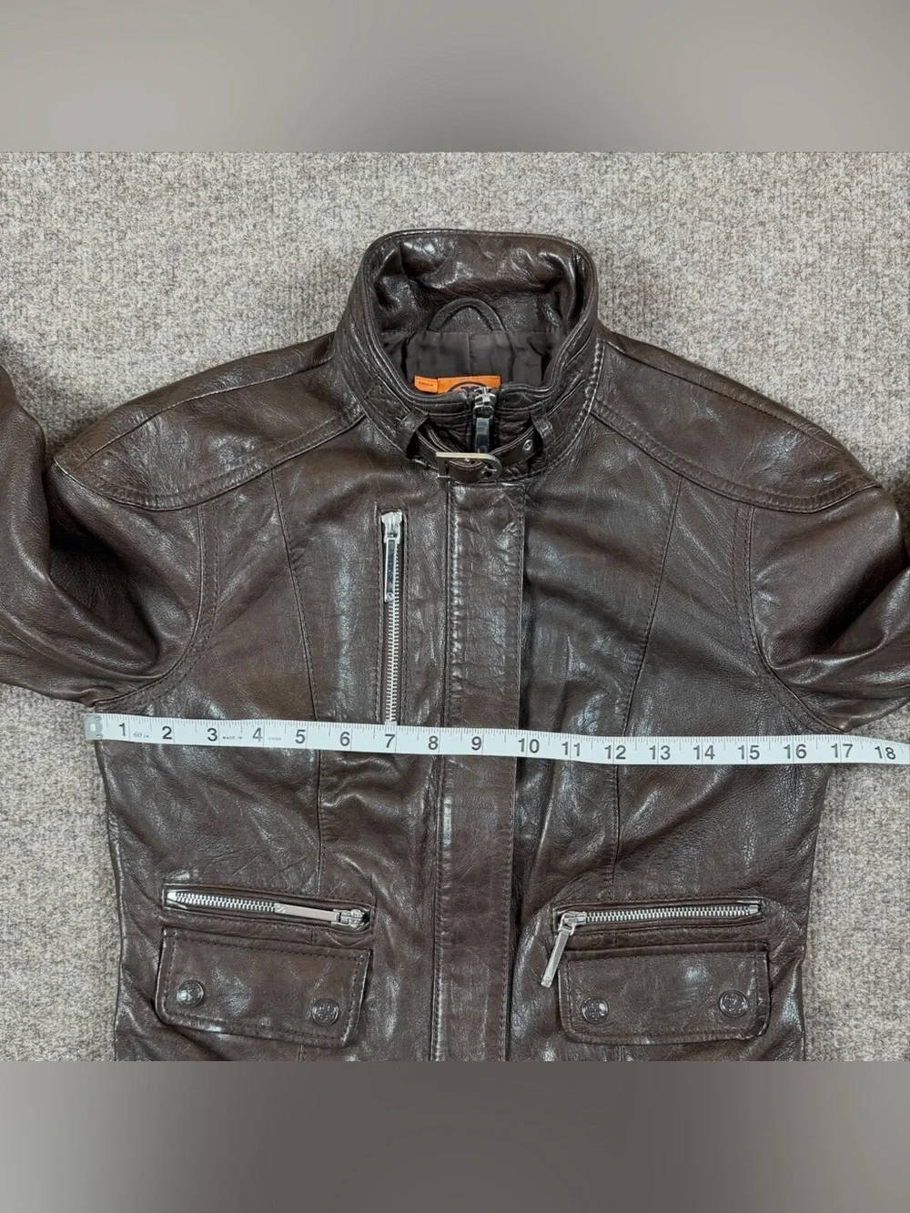 Tory Burch Brown Leather Moto Jacket Women’s Size 2 XS/S Buckle Funnel Neck Y2K